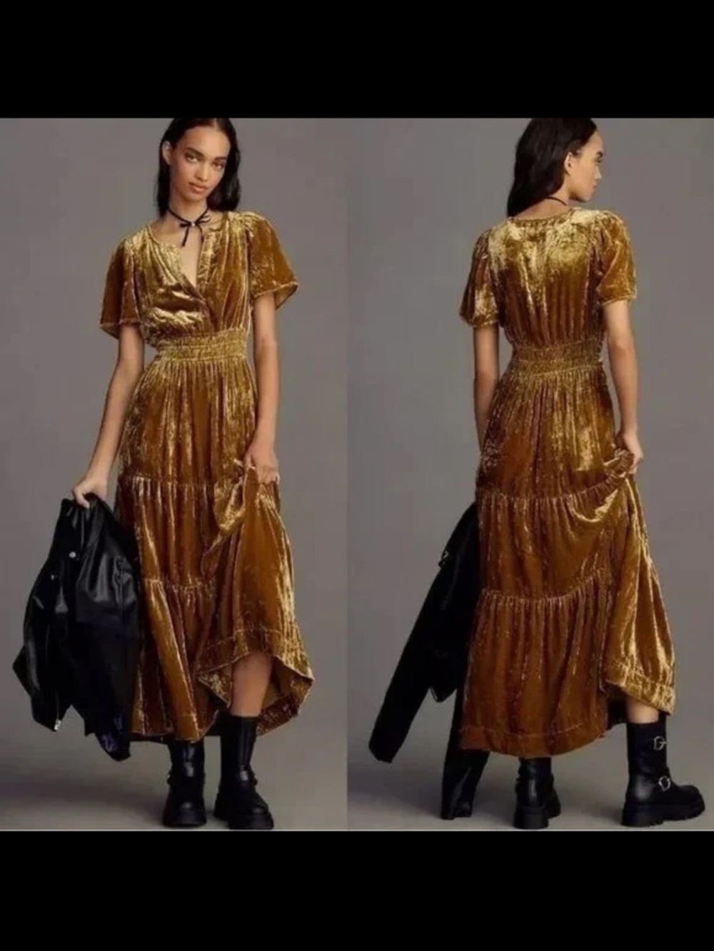 Anthropologie The Somerset Maxi Dress: Velvet Edition Gold Bamboo Brown Size M